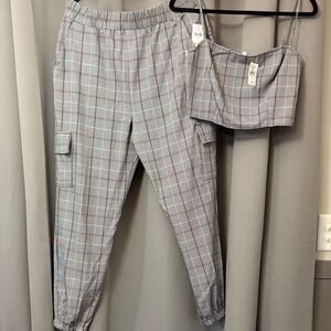 Buckle Gray Plaid Pants and Crop Top Set